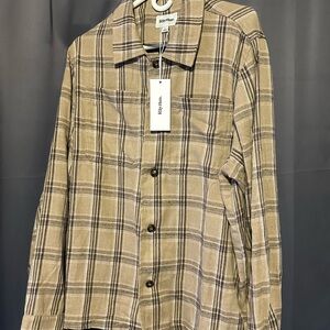 Rhythm Men’s Khaki Plaid Button Up Flannel Overshirt, size Large, NWT